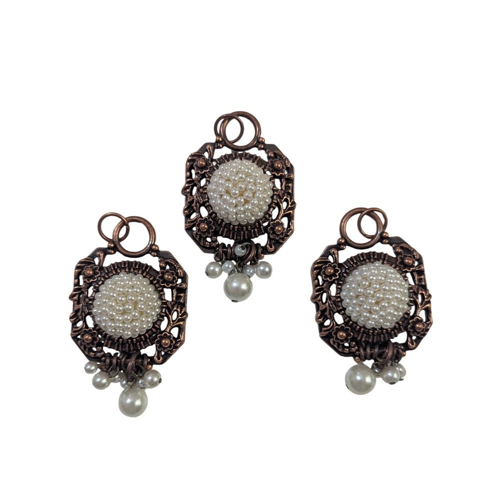 Set of 3 Victorian Style Copper Filigree Pendants with Faux Seed Pearls